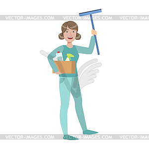 Woman With Box Of Household Chemicals And - vector image