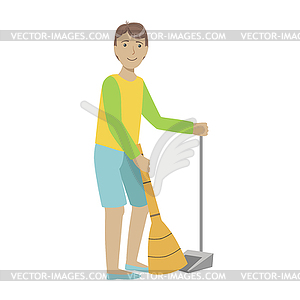 Guy With Broom And Duster Sweeping Floor, Cartoon - vector clipart