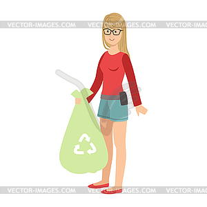 Girl With Trash Bag Throwing Garbage Away, Cartoon - vector image