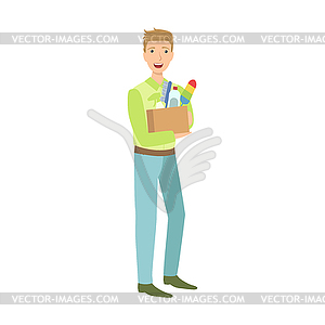 Man With Box Full Of Household Chemistry Product, - vector image