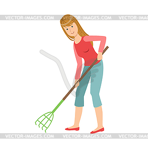 Woman With Rake Gardening, Cartoon Adult - vector image