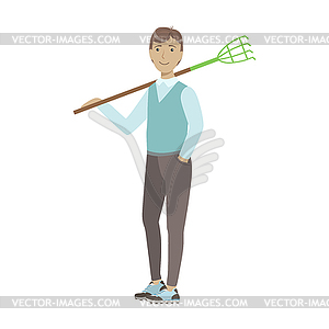 Man Holding Rake On His Shoulder, Cartoon Adult - vector image