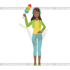 Girl In Headphones With Dust Brush, Cartoon Adult - vector clipart