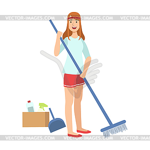 Woman Sweeping Floor With Broom, Cartoon Adult - vector image