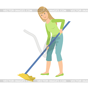 Woman Washing Floor With Mop, Cartoon Adult - vector image