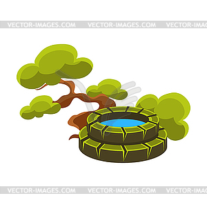 Green Tree And Well, Bonsai Miniature Traditional - vector clip art