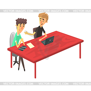 Two Guys Behind Desk With Devices Chatting, Young - vector image