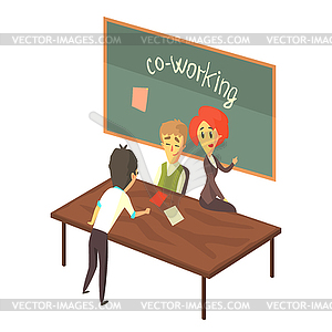Three Person Discussing Things In Room With - vector image