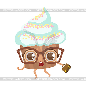 Cupcake In Glasses With Suitcase Cute Anime - vector clipart