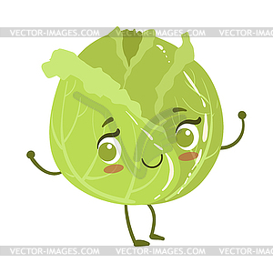 Cabbage Cute Anime Humanized Smiling Cartoon - vector image