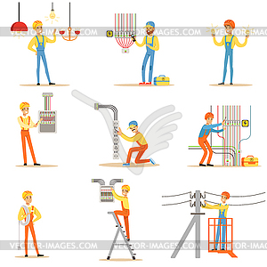 Electrician In Uniform And Hard Hat Working With - vector clip art