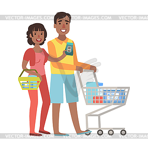 Man And Woman Shopping For Groceries In - vector image