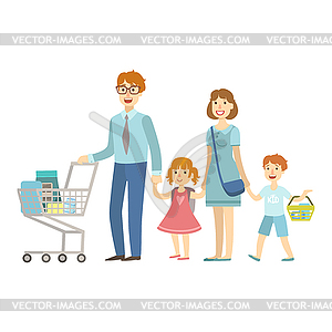 Family Of Four Members Shopping In Supermarket, of - vector clip art