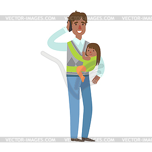 Dad With Baby Girl In Sling Talking On Phone, of - vector clip art