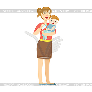 Mather With Baby In Sling Feeding Boy With Milk - vector clipart