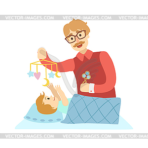 Young Father Putting Baby To Sleep In Bed, of - vector EPS clipart