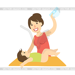 Mother Changing Nappy To Baby On Changing Table, - vector clipart