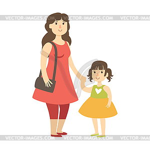 Mother And Small Daughter Holding Hands, of Happy - vector image