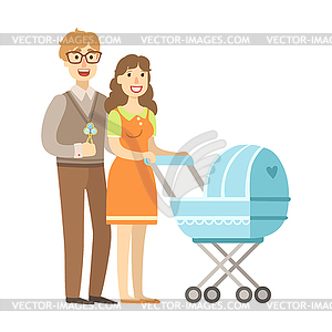 Young Parents Walking With Stroller, of Happy Lovin - vector clip art