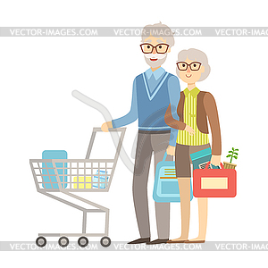 Old People Couple Shopping For Groceries In - vector image