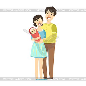 Young Parents With Newborn Kid In Arms, of Happy - vector image