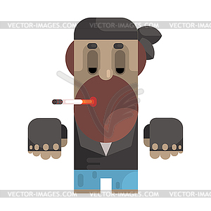 Biker In Bandana And Leather Vest Smoking Cigarette - vector image