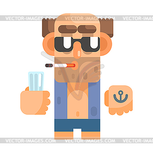 Unshaved Alcoholic With Anchor Tattoo And Cigarette - vector clipart