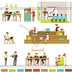 Coworking Workplace, Freelancers Sharing Space And - vector clip art