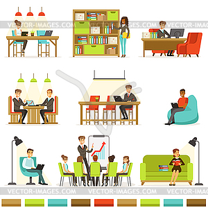 Коворкинг на рабочем месте, Фрилансеры Совместное пространство и - векторный рисунок