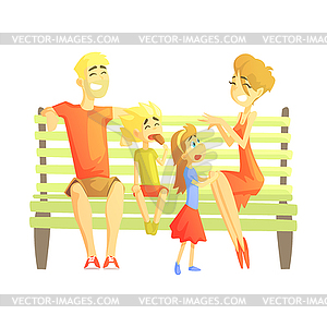 Parents, Son And Daughter Sitting On Park Bench, - vector clipart