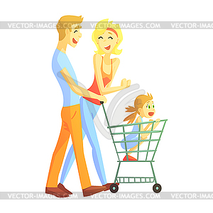 Young Parents With Little Girl Shopping, Happy - color vector clipart