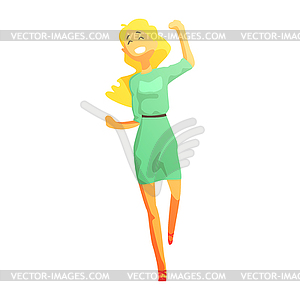 Blond Girl With Long Hair Running In Green Dress, - vector image