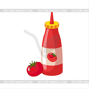 Bottle Of Ketchup And Fresh Tomato, Street Fast Foo - vector clipart