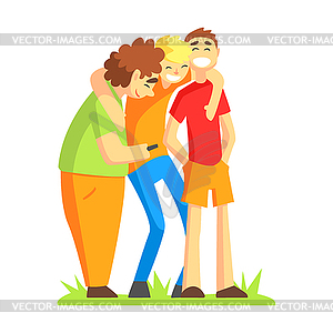 Teenage Friends Watching Something Funny On - vector clipart