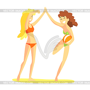 To Girl In Bikinis Giving High Five, Part Of Friend - vector clipart / vector image