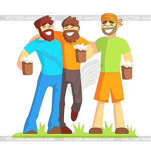 Three Friends With Bushy Beards Drinking Beer - vector clipart