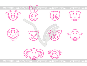 Animals set pink outline simple style - vector clipart