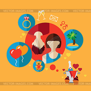 Valentine day s in flat style - hands and signs of - vector clipart