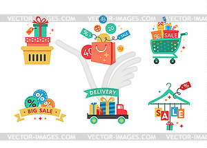 Collection of shopping carts full bags and gift - vector clip art