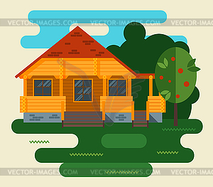Summer Landscape With House and Tree in Forest - vector clip art