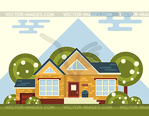 Summer Landscape With House and Tree in Forest - vector image