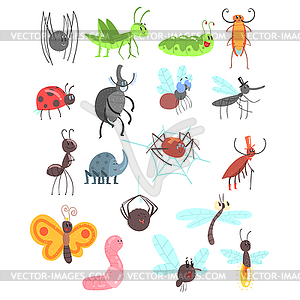 Cute Friendly Insects Set With Cartoon Bugs, - vector image