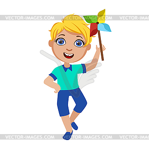 Boy With Toy Windmill, Part Of Kids At Birthday - vector clipart