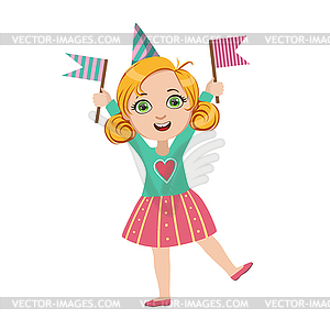 Girl With Two Flags, Part Of Kids At Birthday - color vector clipart
