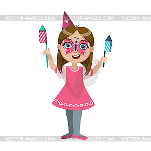 Girl In Butterfly Make Up With Fireworks, Part Of - vector clipart