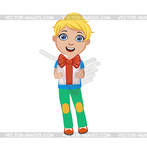 Boy Holding Present, Part Of Kids At Birthday - vector clip art