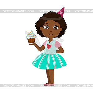 Girl With Cupcake, Part Of Kids At Birthday Party - vector clipart