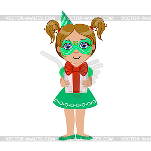 Girl In Green Mask Holding Present, Part Of Kids - vector clip art