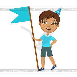 Boy With Giant Blue Flag, Part Of Kids At Birthday - vector image