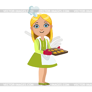 Girl With Tray Of Cookies, Cute Kid In Chief Toque - vector clipart